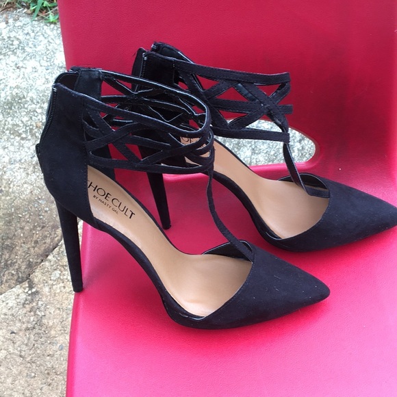 Black suede heels ankle design 5 in - Picture 2 of 5